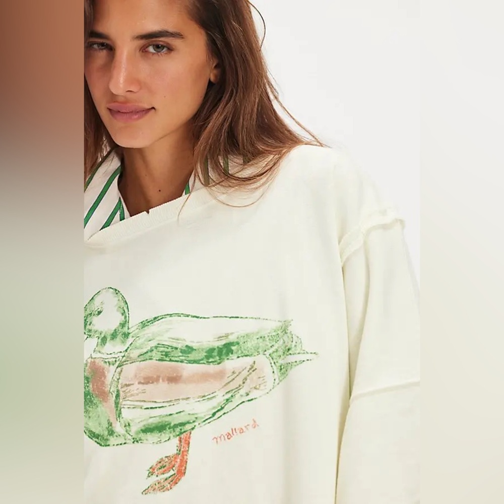 New Free People We The Free Graphic Printed Camden Pullover Mallard Combo sz S - Picture 3 of 9